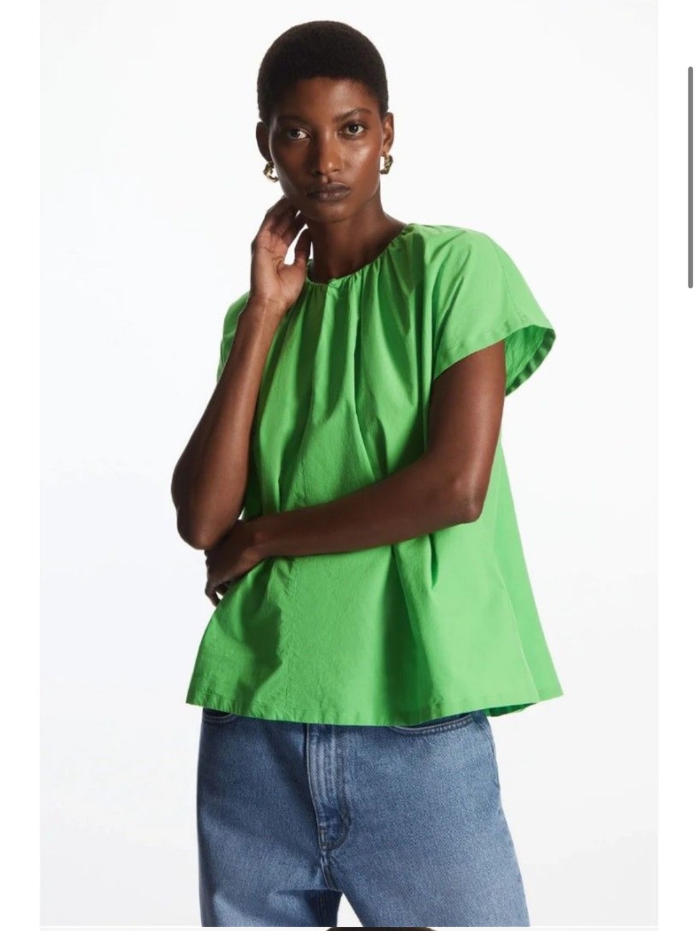 NEW COS Gathered Cap- Sleeve Cotton Green Lightweight Top, Size Small
